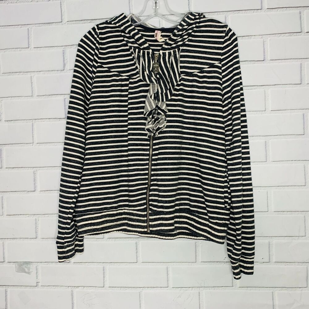 NWT Pink Lotus hoodie stripes ruffles gray grey white full zip size large women